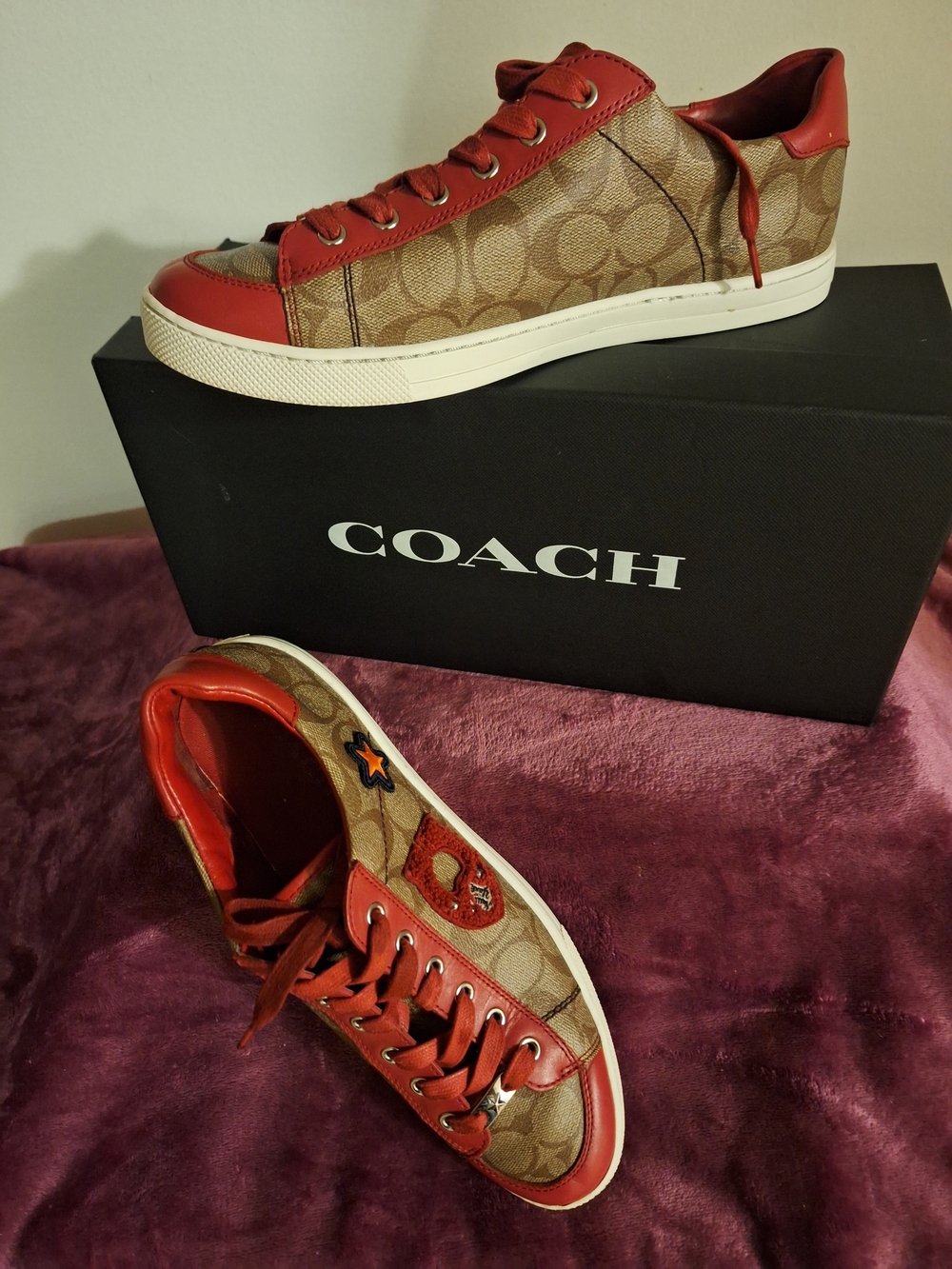 Coach Brown Monogram Sneakers with Red Leather Accents